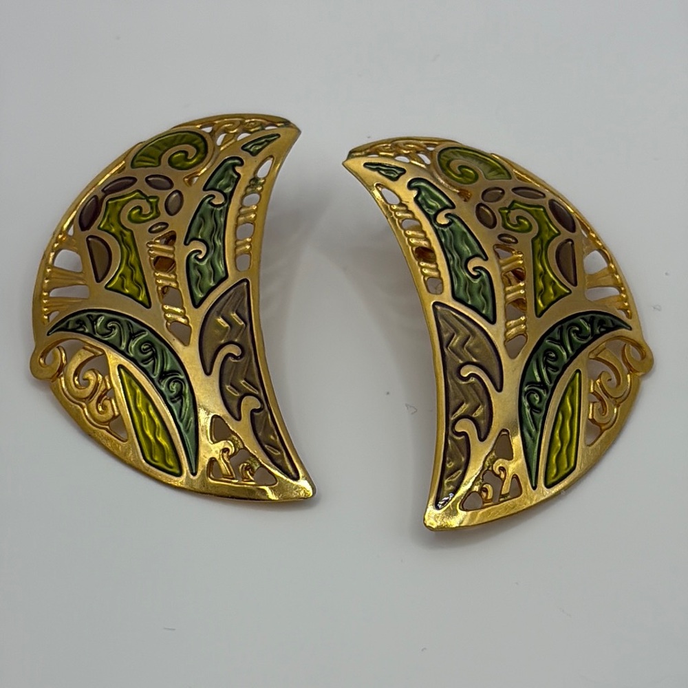Edgar Berberi Artistic Gold and Green Crescent Earrings Clip Ons